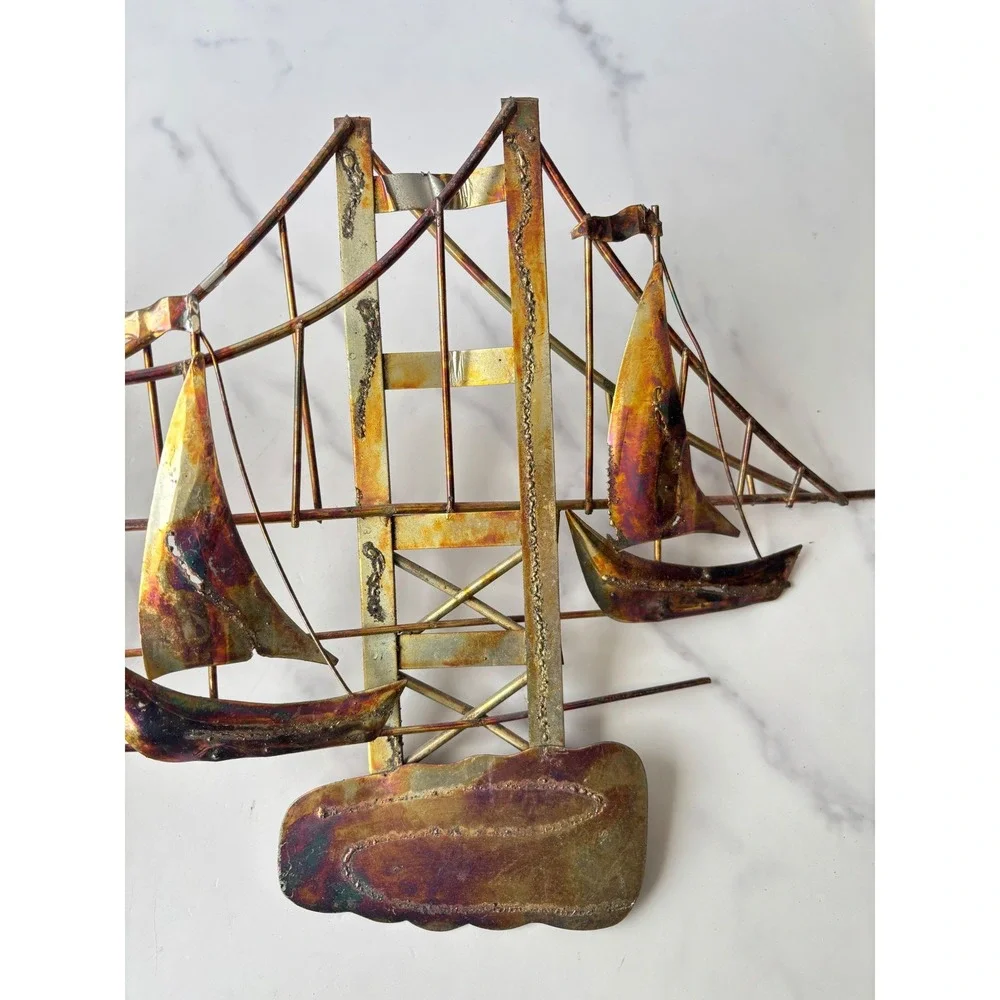 Vintage Brutalist Metal Wall Art Golden Gate Bridge Sailboats MCM Copper Brass